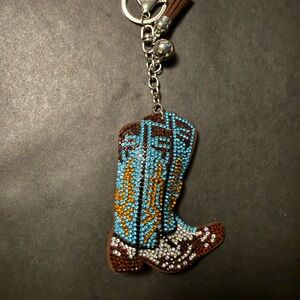Turquoise & Brown Crystal Cowboy Boot Keychain - Unbranded